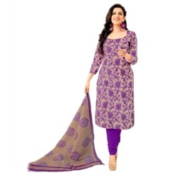 Shree Ganesh Beige & Purple Cotton Unstitched Dress Material with Dupatta