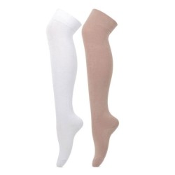 Bonjour White and Beige Knee Length Cotton Socks - 2 Pair Pack