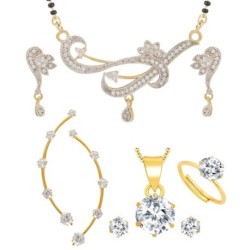 Jewels Galaxy White Alloy American Diamond Mangalsutra Set With Solitaire Earcuff And Pendant Set