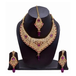Manukunj Gold Plated Kundan Necklace Set With Matching Maang Tikka - Purple