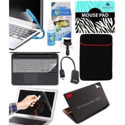 Finearts 8 In 1 Combo Of 3d Laptop Skin, Mouse Pad, Lcd Cleaning Kit, Sleeve, Screen And Key Guard, Otg And Usb Led Light