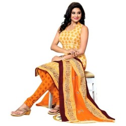 Drapes Yellow Cotton Printed Unstitched Dress Material with Dupatta